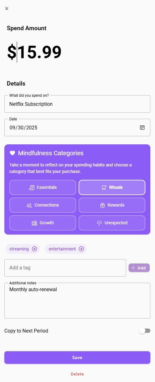 Manual entry interface for tracking spending with mindfulness categories