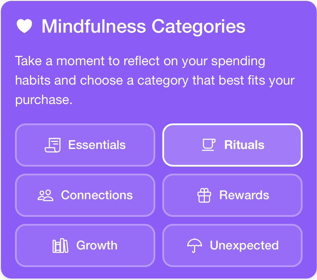 App showing mindful spending categories