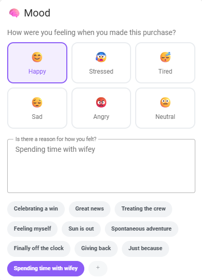 Mood tracking interface showing emotion selection