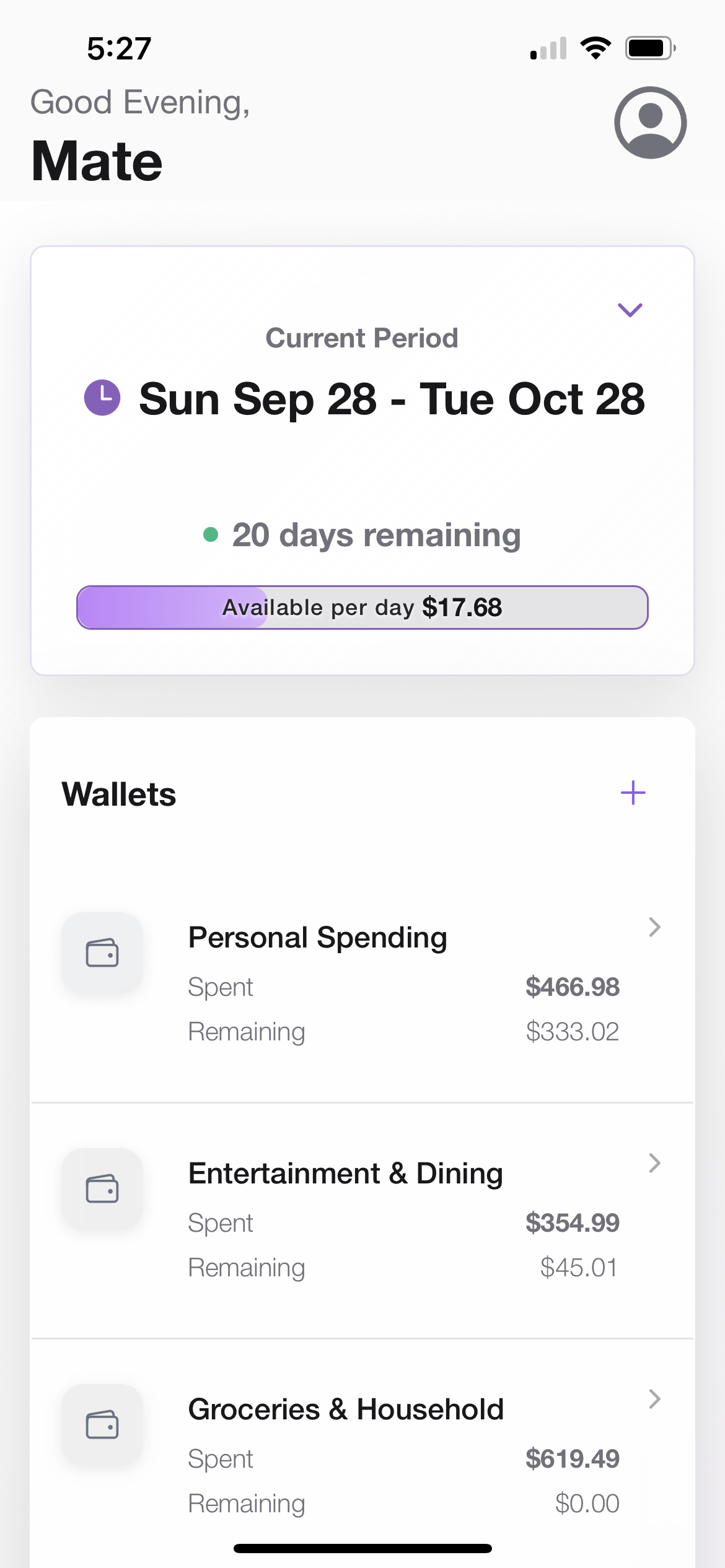 Spendless app dashboard showing spending wallets and mindful categories